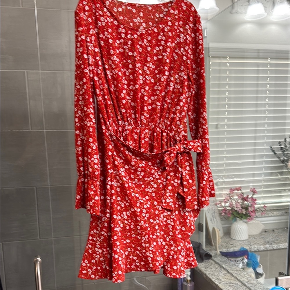 Red Bell Sleeve Wrap Sundress for Cocktail